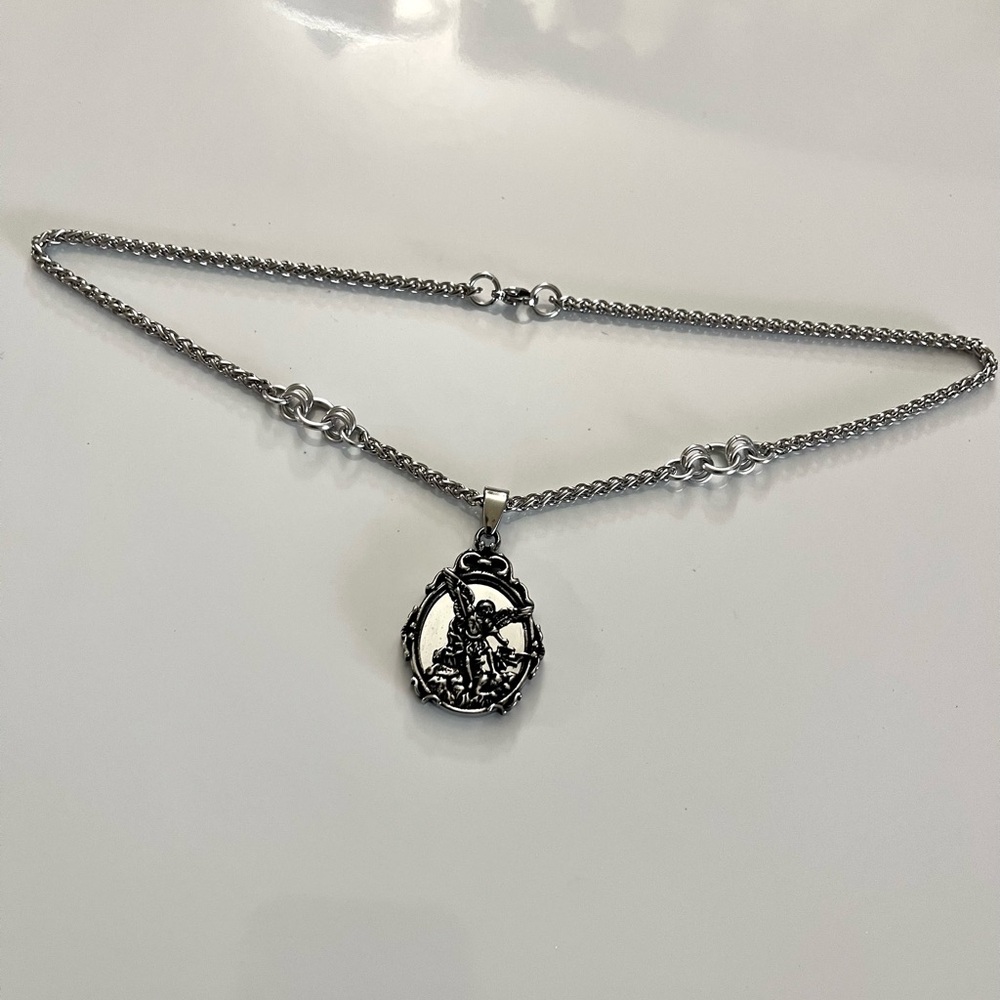 Handmade maille stainless steel necklace + st michael angel medal mirror charm - Picture 8 of 15